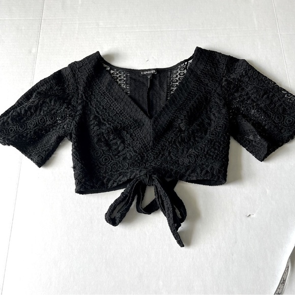 Express embroidery lace bell short sleeve tie front crop top black size XS - Picture 1 of 14